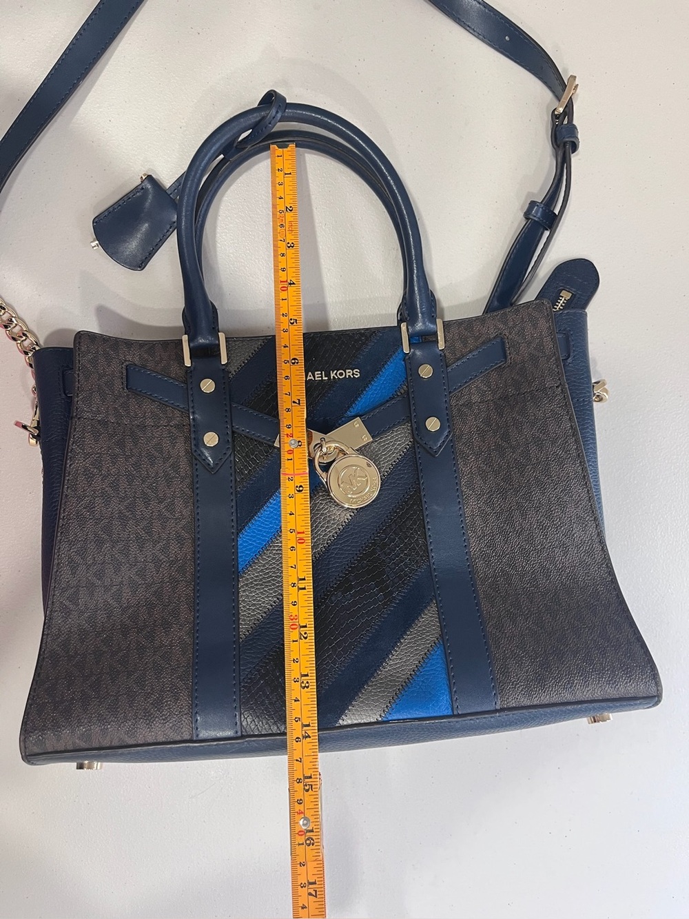 Michael Kors Hamilton Traveler Brown Navy Stripe Logo Leather Large Satchel - Picture 9 of 10